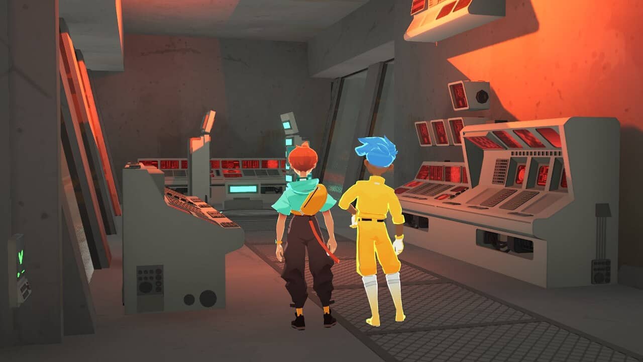 A rear shot of Sauge and Nefle at a bank of computers in Caravan SandWitch